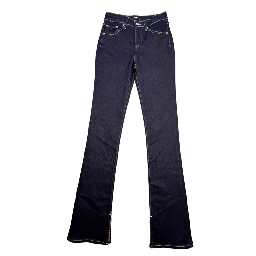 Express Dark Blue Skyscraper Mid Rise Flare Jeans Slit Hem Womens 0R